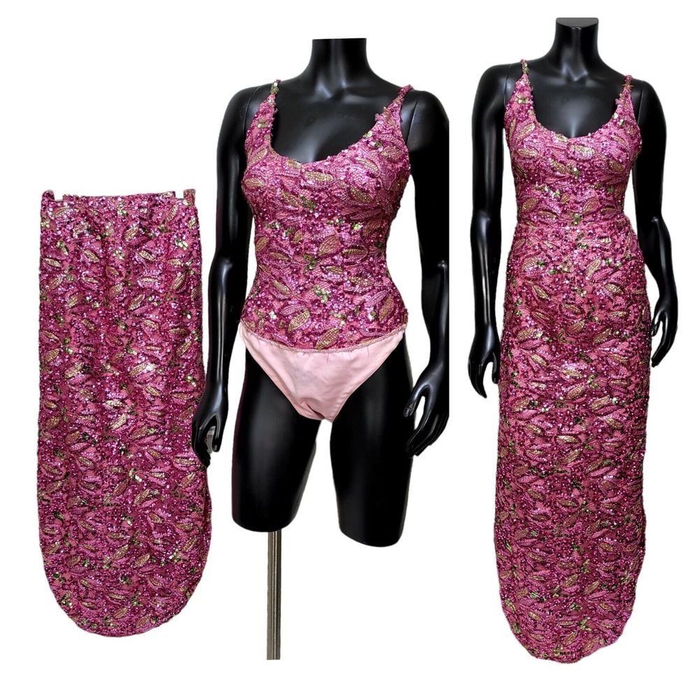 Vintage Pink Sequin Cabaret Bordello Showgirl Burlesque Costume‎ Bodysuit Skirt